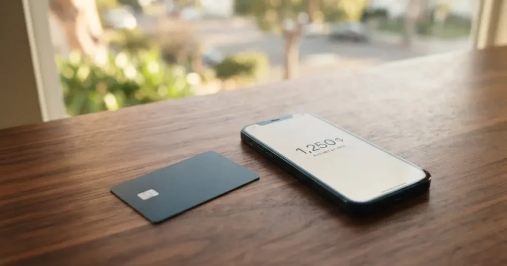 A payment card next to a phone with a crypto wallet app open