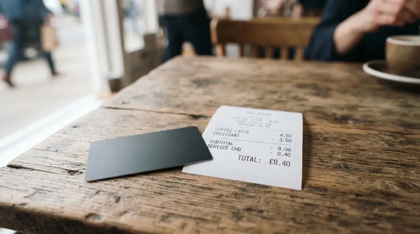 A receipt and a card on a café table