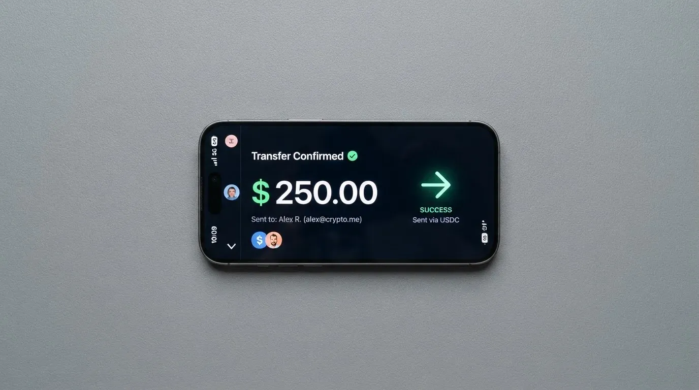 A phone showing a stablecoin transfer screen