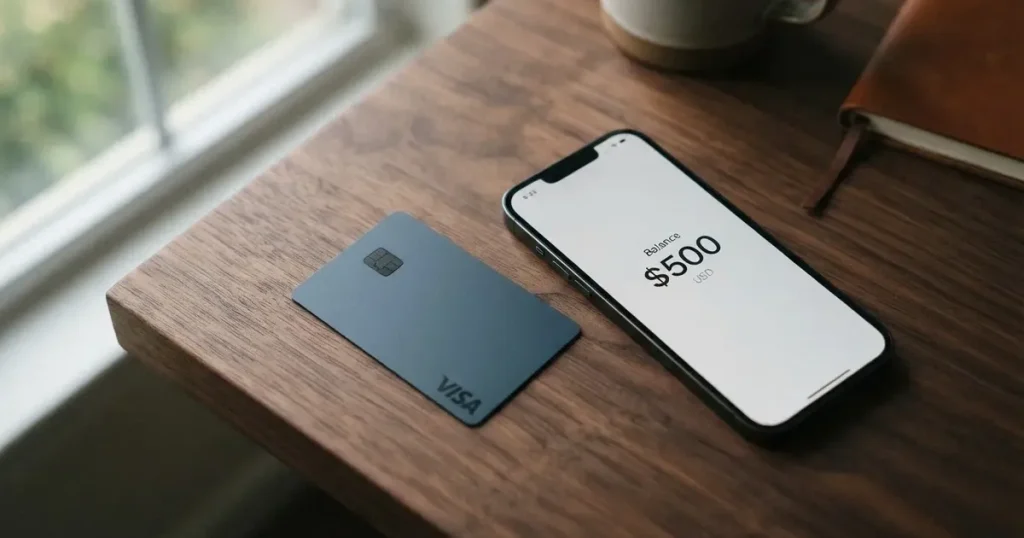 A payment card next to a phone with a crypto wallet app open