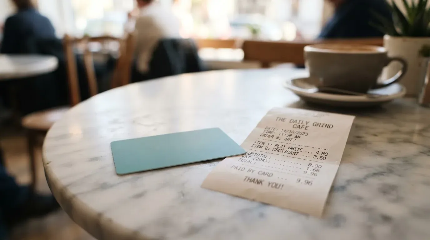 A receipt and a card on a café table