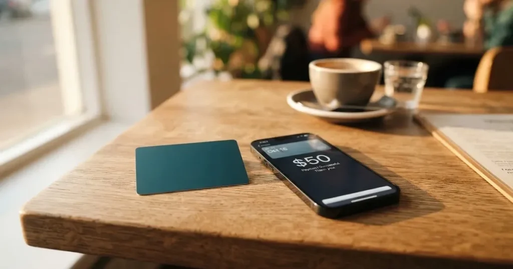 A payment card next to a phone with a crypto wallet app open