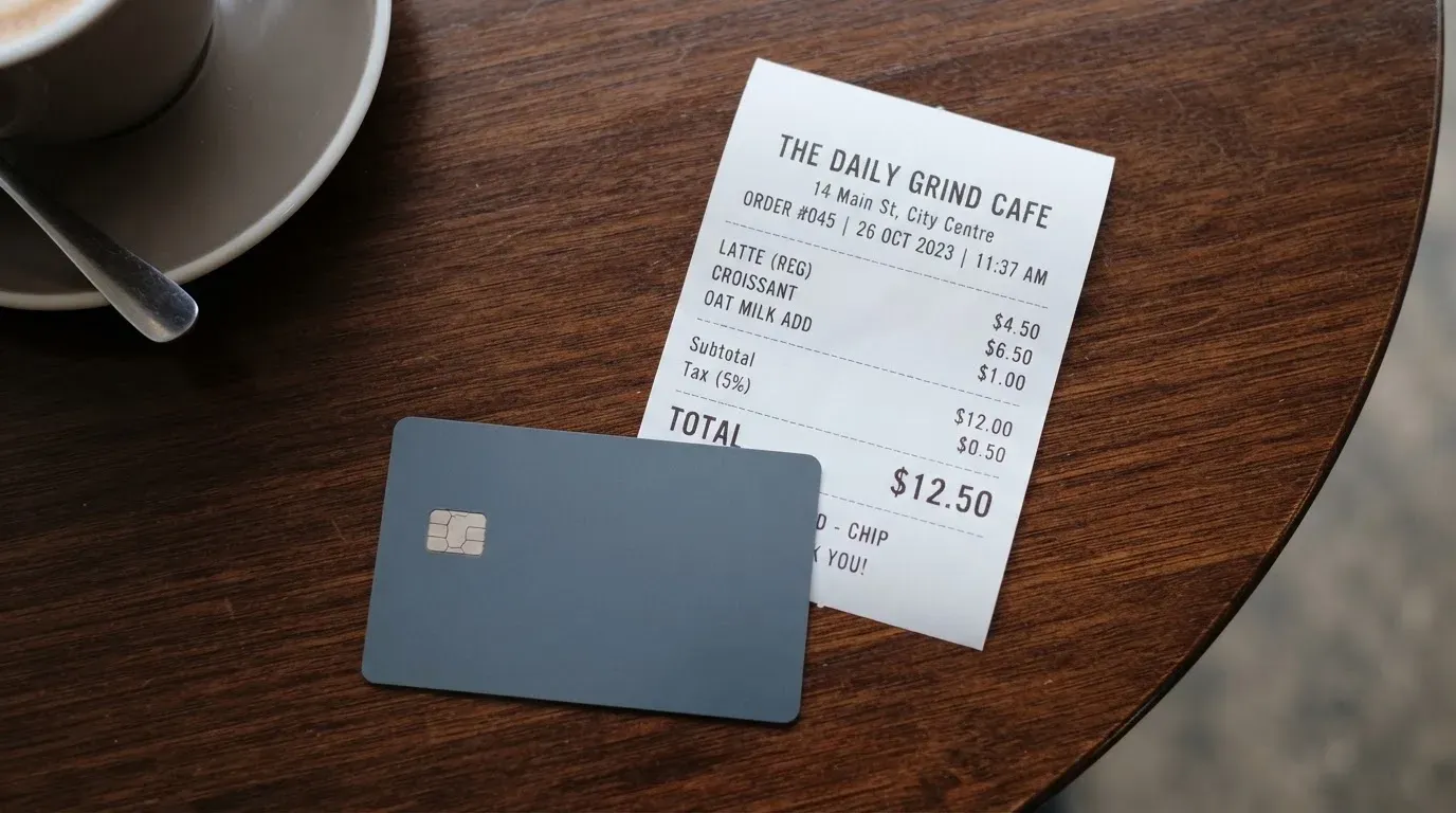 A receipt and a card on a café table