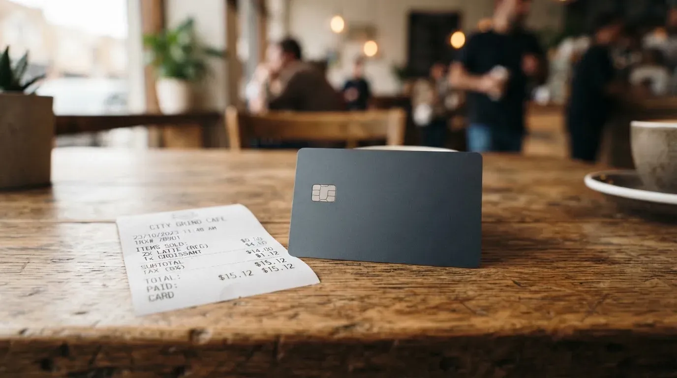 A receipt and a card on a café table
