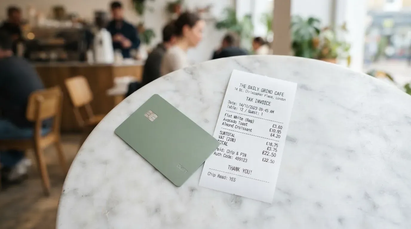 A receipt and a card on a café table