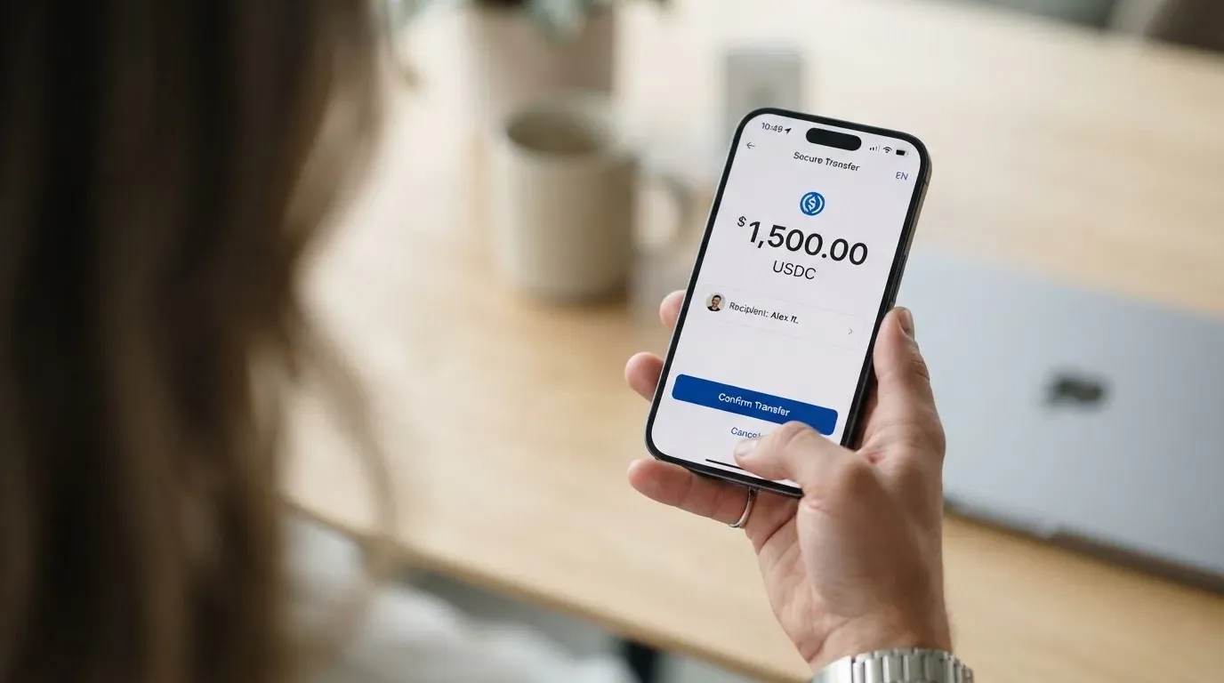 A phone showing a stablecoin transfer screen