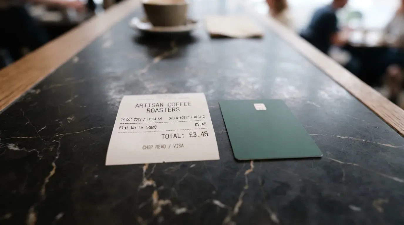 A receipt and a card on a café table