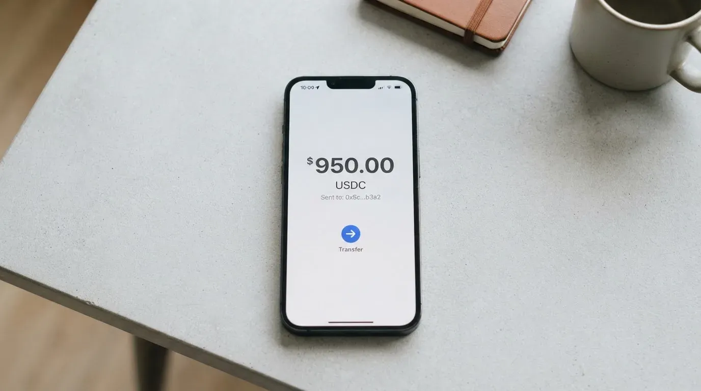 A phone showing a stablecoin transfer screen