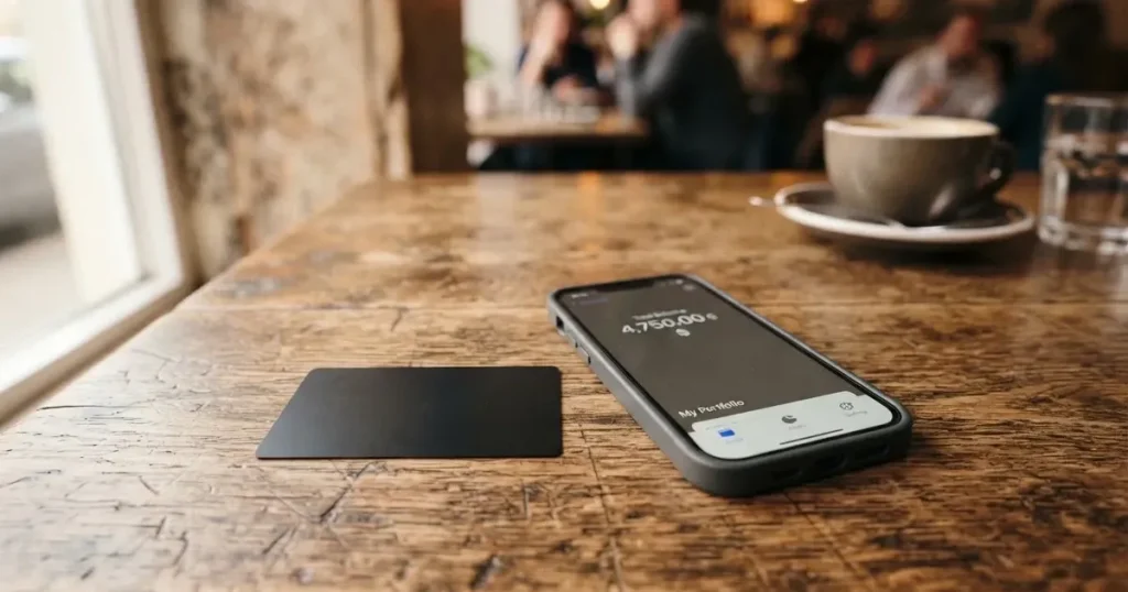 A payment card next to a phone with a crypto wallet app open