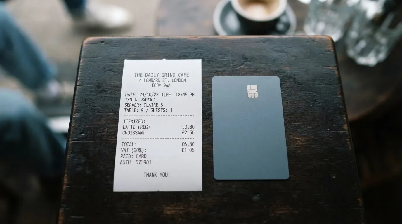 A receipt and a card on a café table