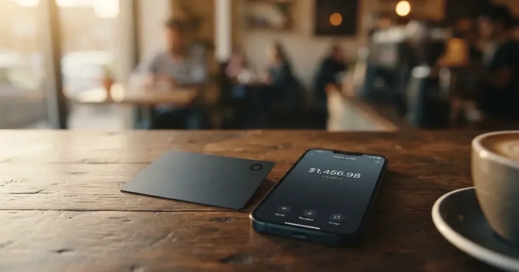 A payment card next to a phone with a crypto wallet app open
