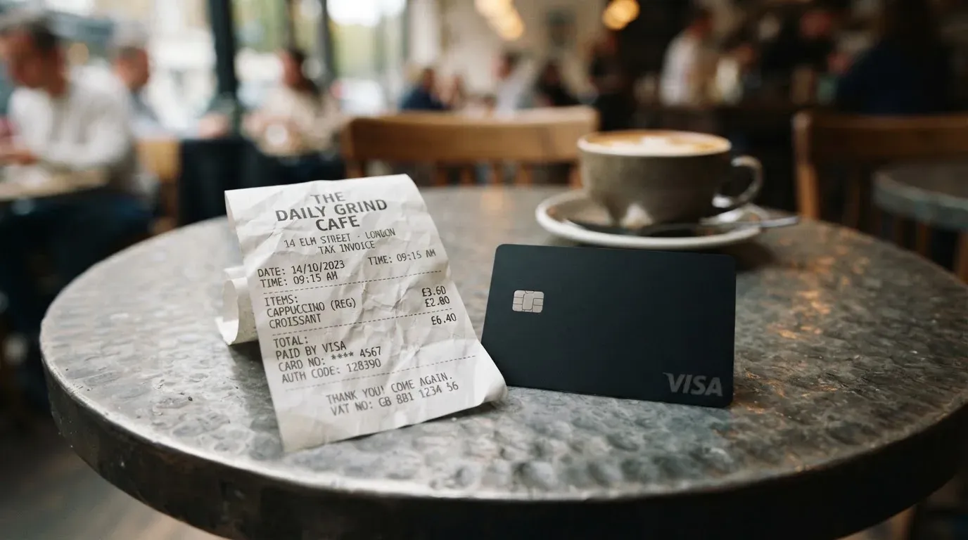 A receipt and a card on a café table