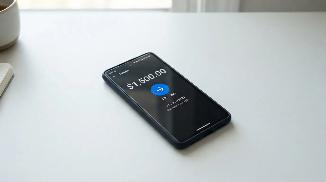 A phone showing a stablecoin transfer screen