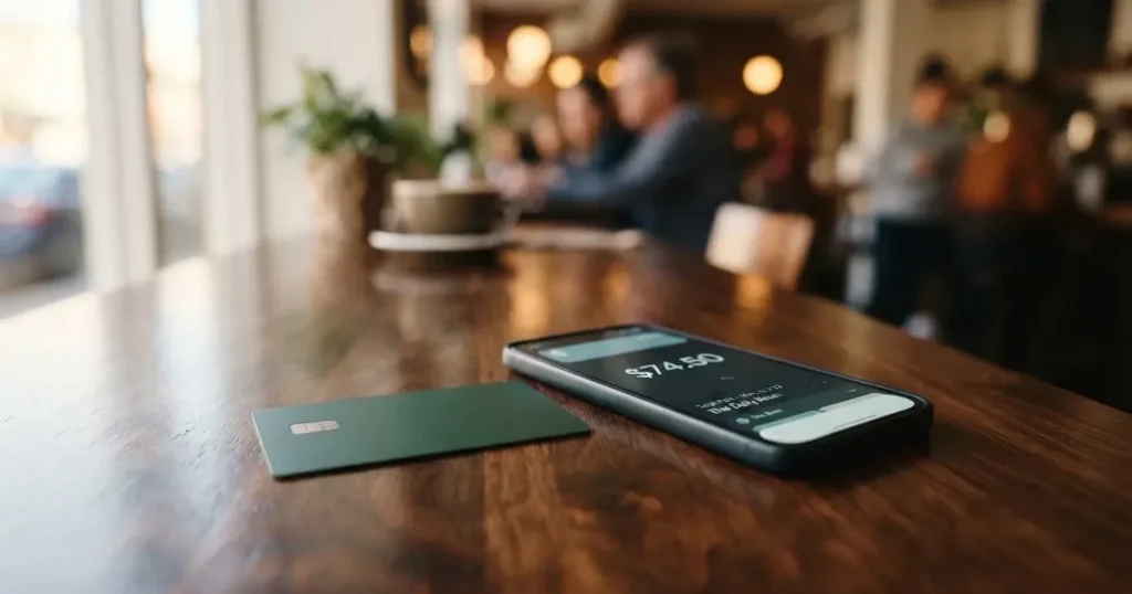 A payment card next to a phone with a crypto wallet app open