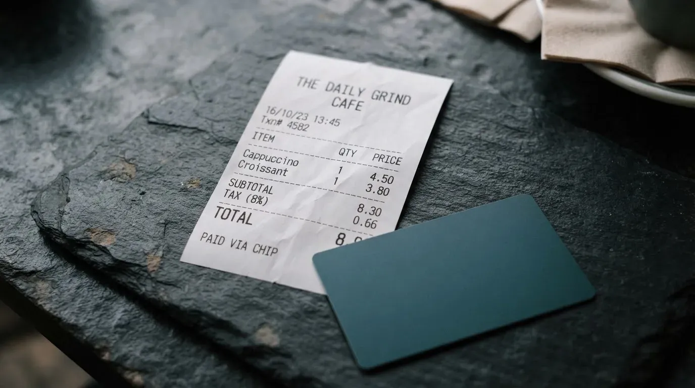 A receipt and a card on a café table