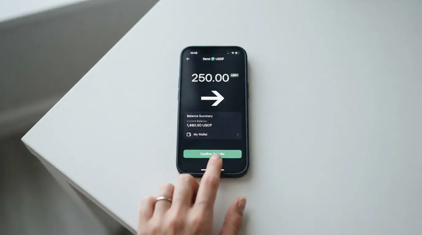 A phone showing a stablecoin transfer screen