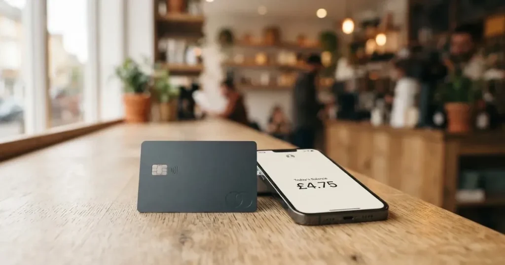A payment card next to a phone with a crypto wallet app open