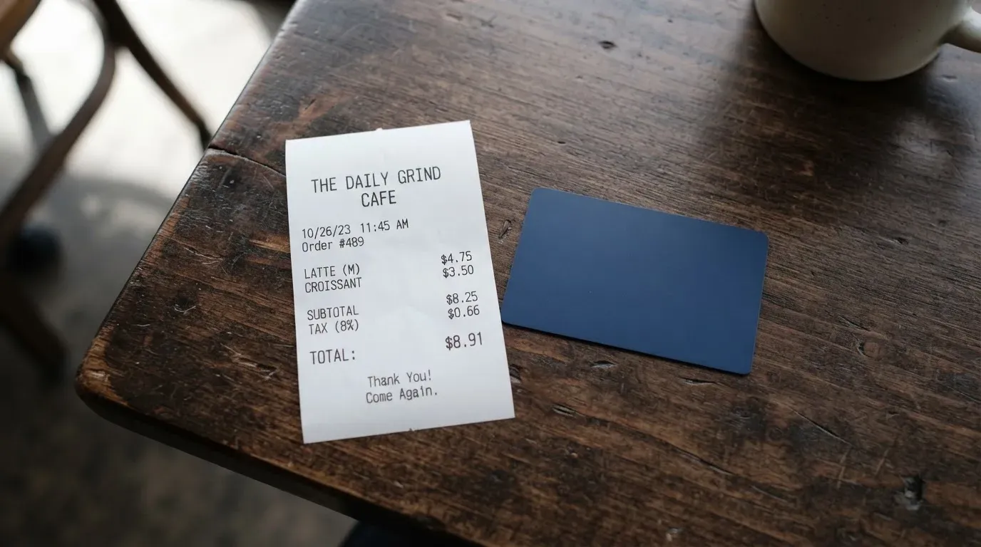 A receipt and a card on a café table