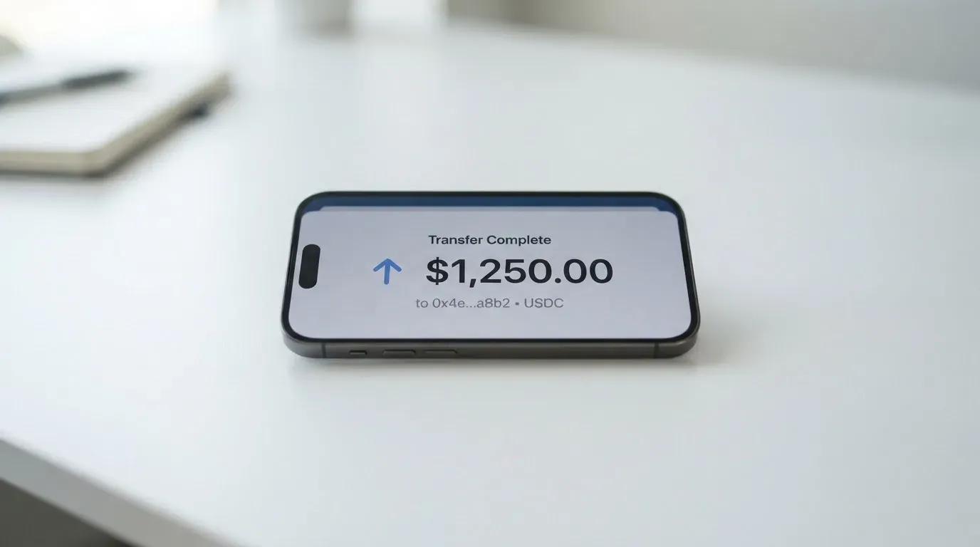 A phone showing a stablecoin transfer screen