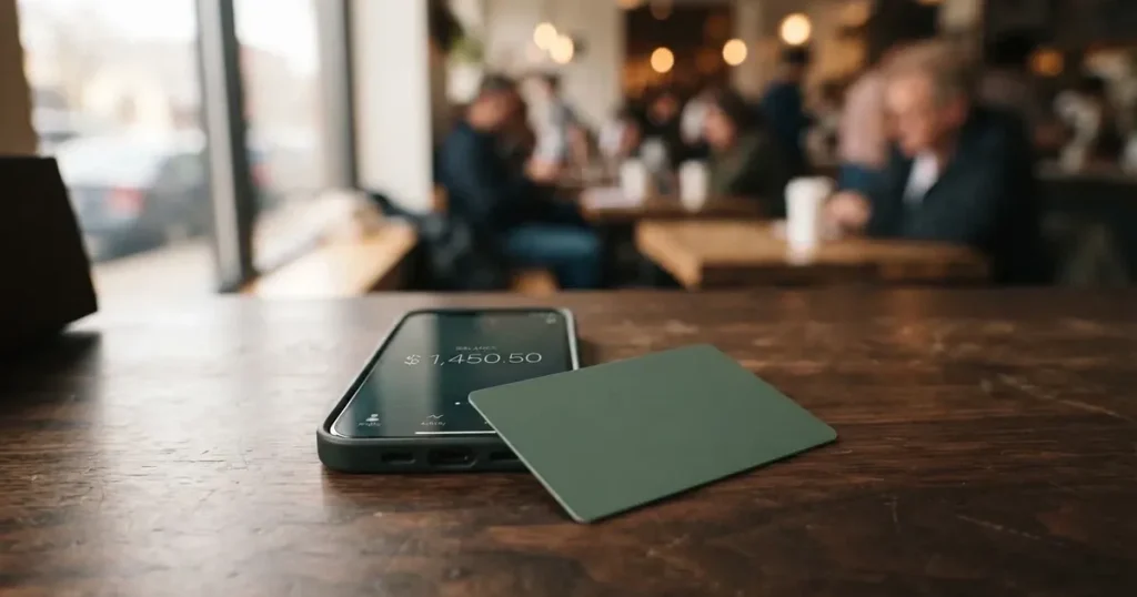 A payment card next to a phone with a crypto wallet app open