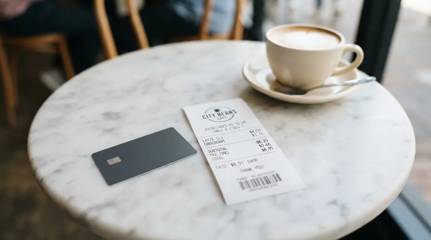 A receipt and a card on a café table