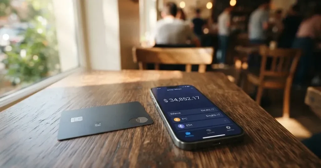 A payment card next to a phone with a crypto wallet app open