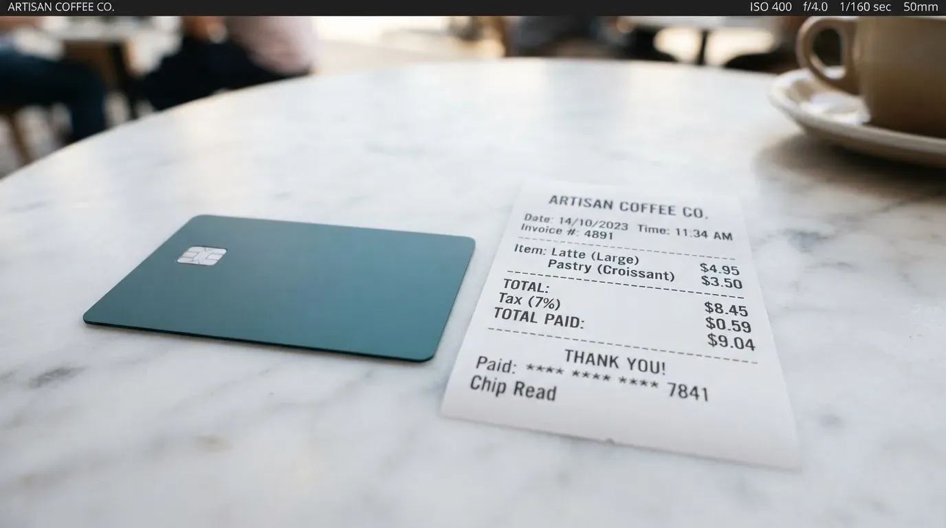 A receipt and a card on a café table