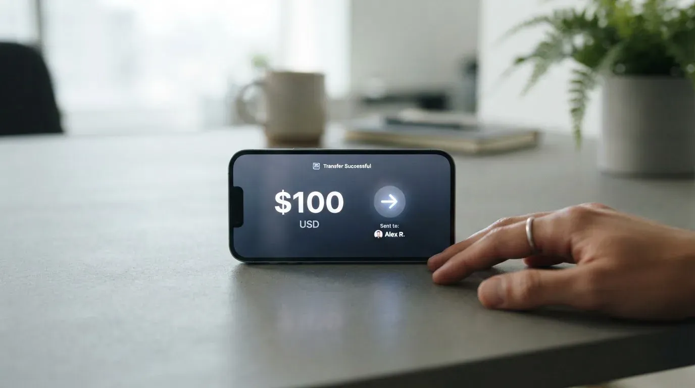 A phone showing a stablecoin transfer screen