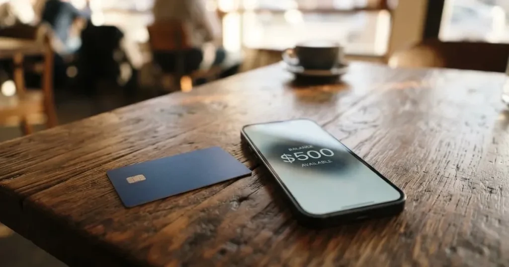 A payment card next to a phone with a crypto wallet app open