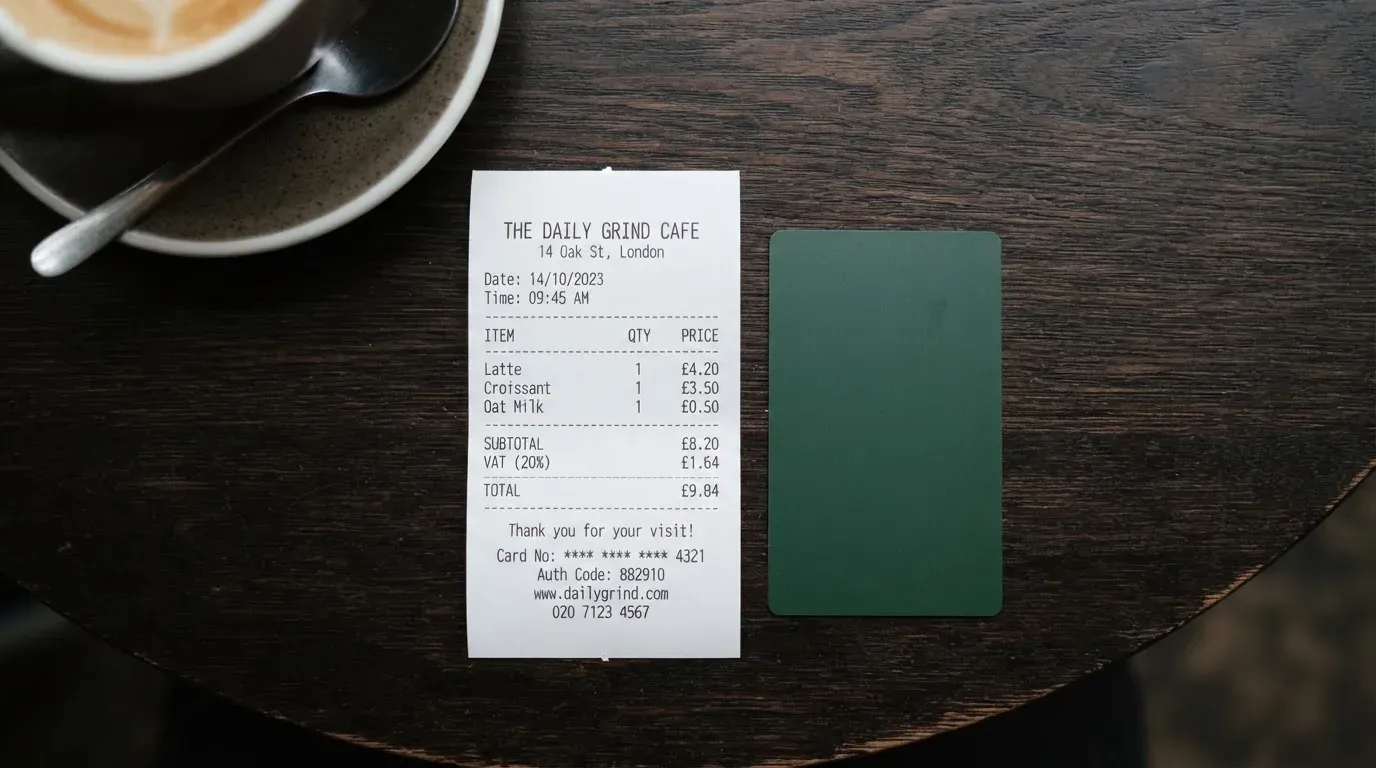 A receipt and a card on a café table