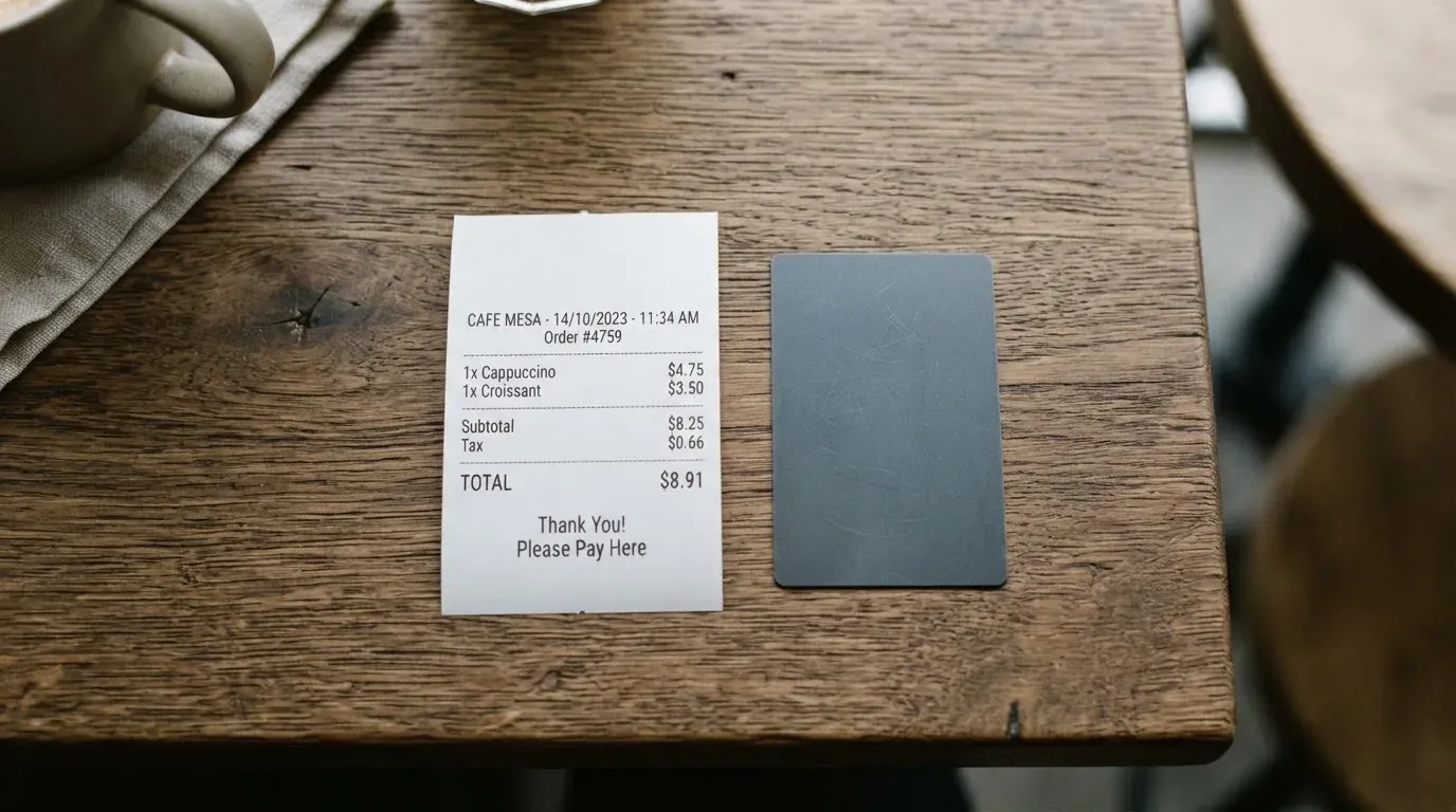A receipt and a card on a café table