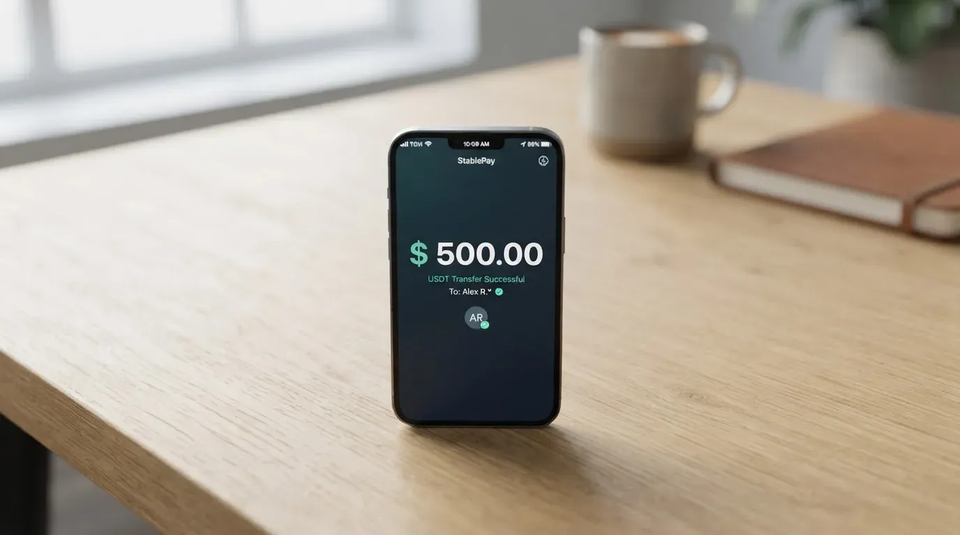 A phone showing a stablecoin transfer screen