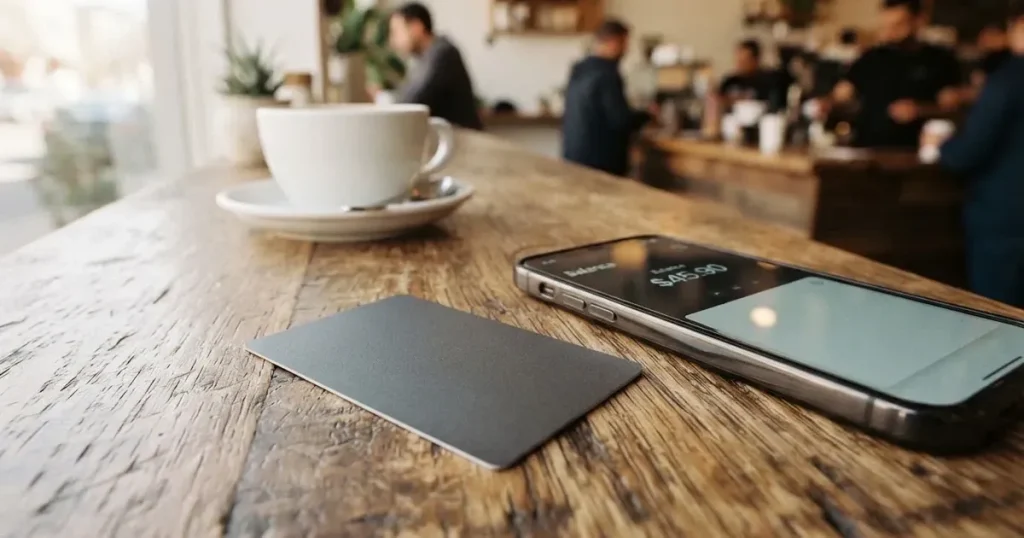A payment card next to a phone with a crypto wallet app open
