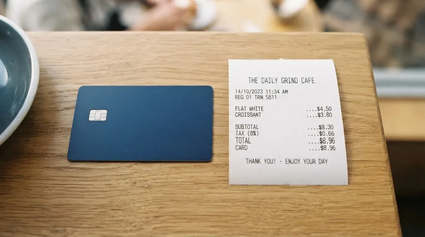A receipt and a card on a café table