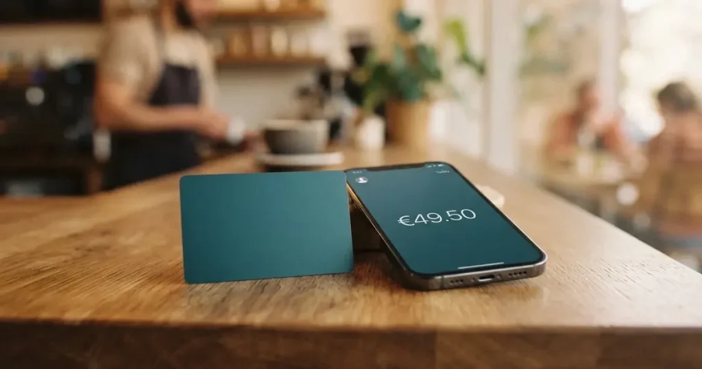 A payment card next to a phone with a crypto wallet app open