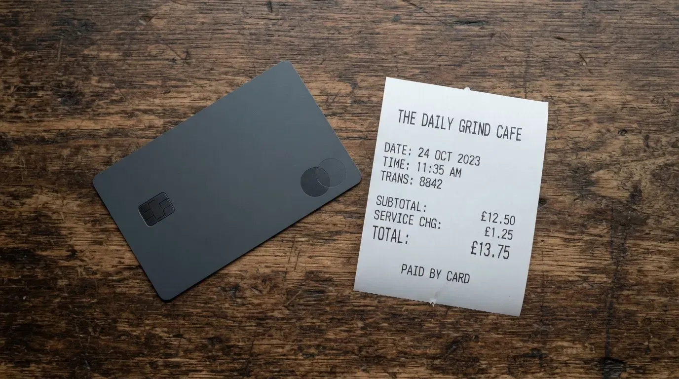 A receipt and a card on a café table