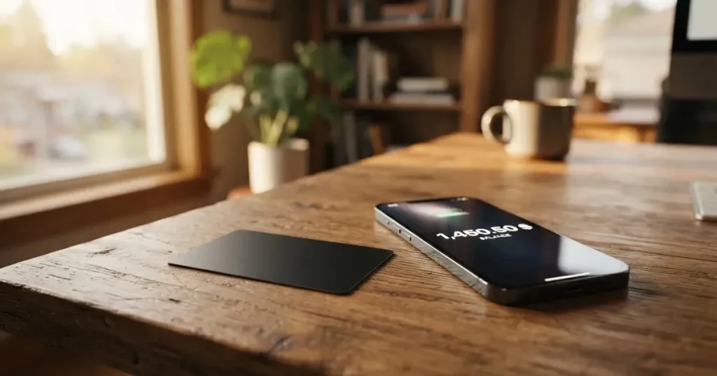 A payment card next to a phone with a crypto wallet app open