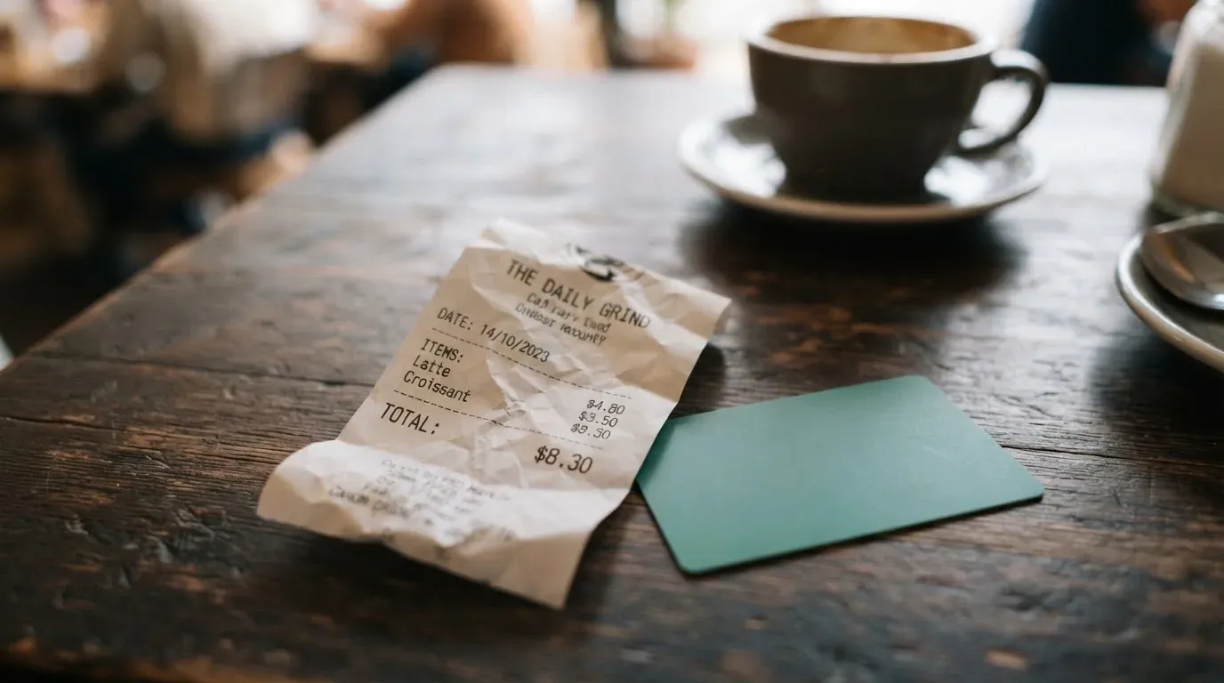 A receipt and a card on a café table
