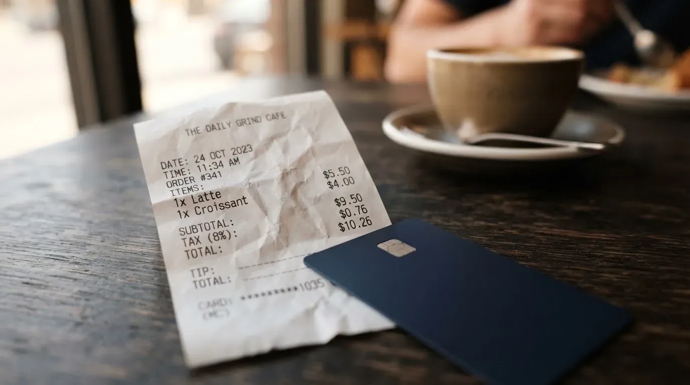 A receipt and a card on a café table