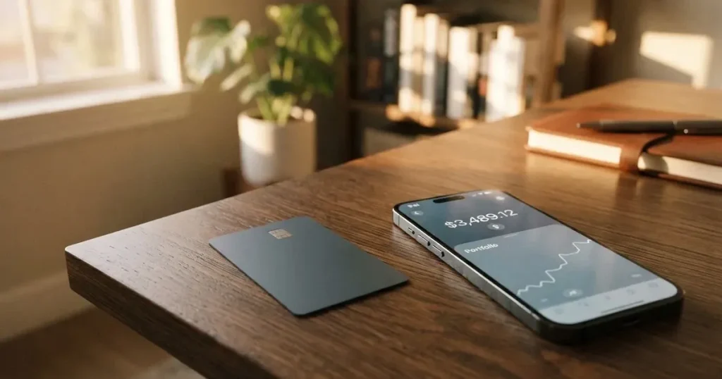 A payment card next to a phone with a crypto wallet app open
