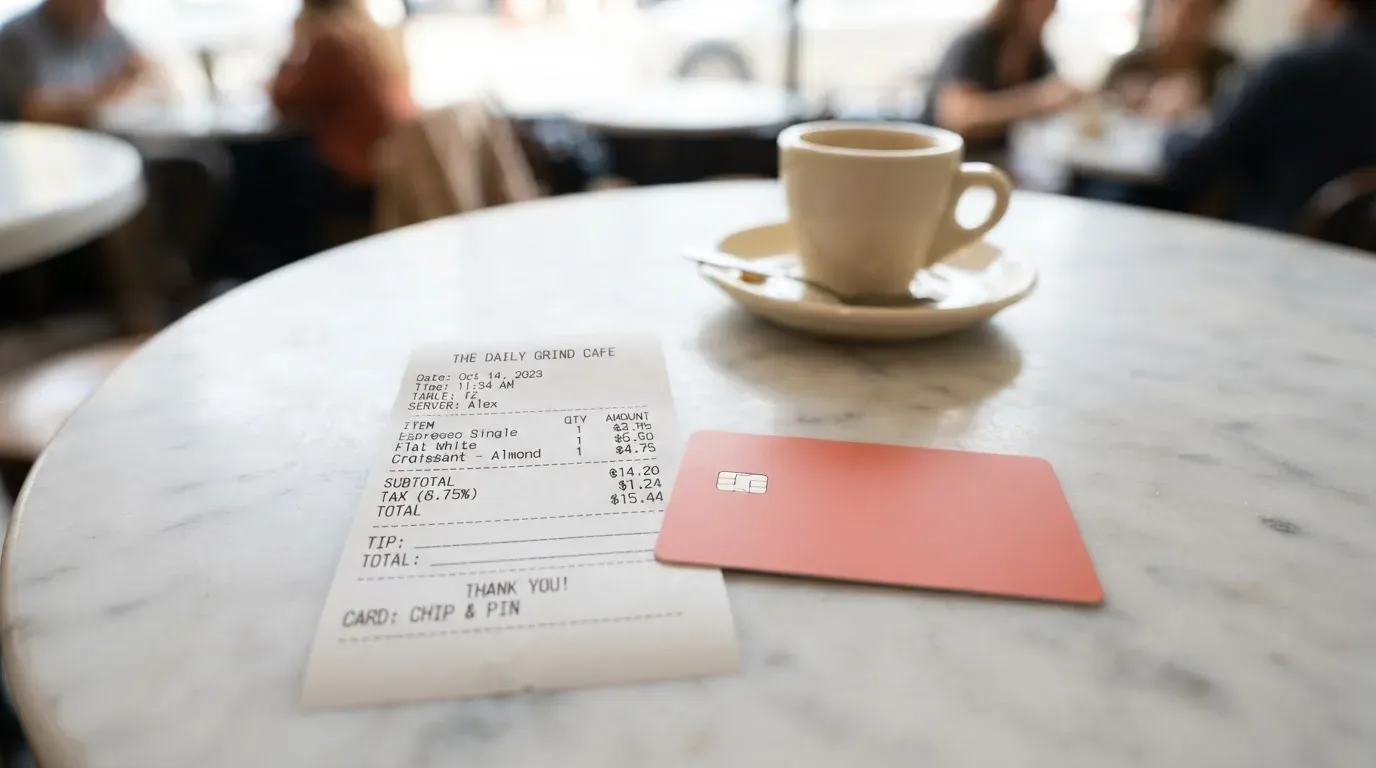 A receipt and a card on a café table