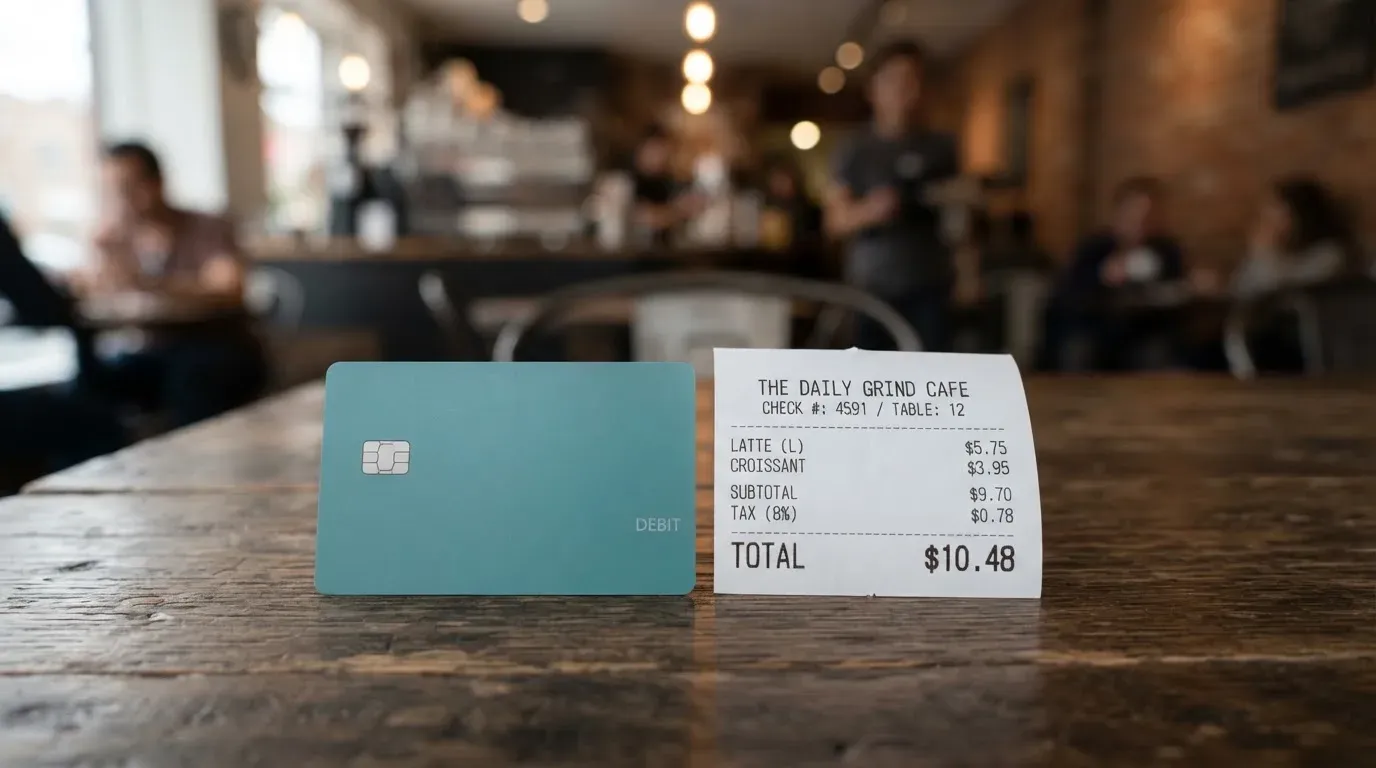 A receipt and a card on a café table