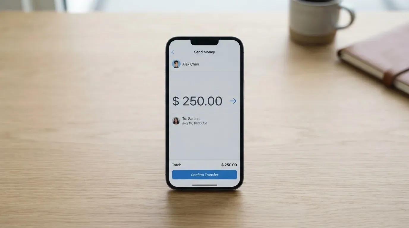 A phone showing a stablecoin transfer screen