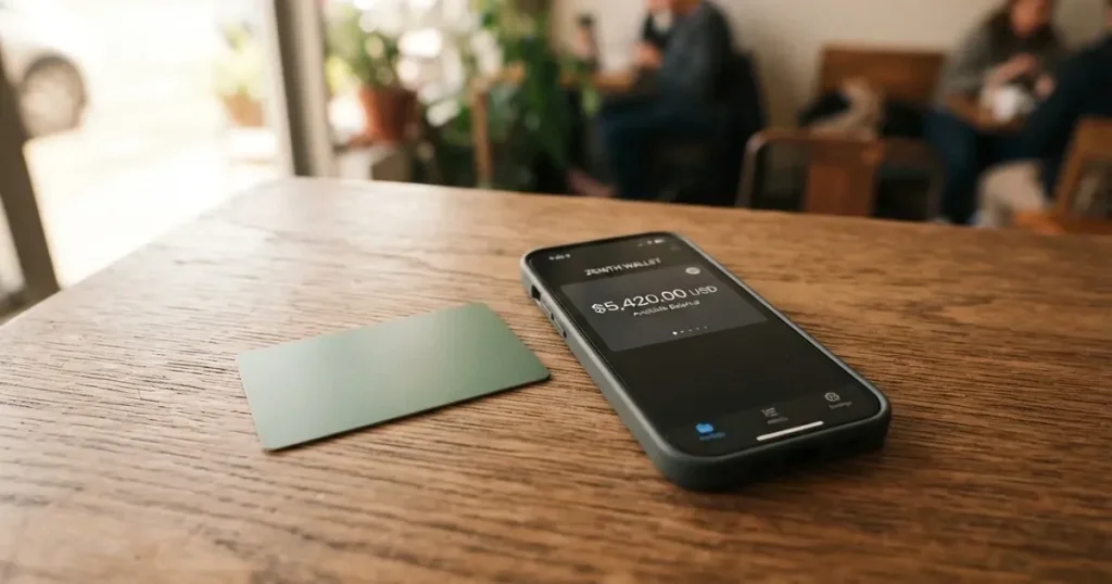 A payment card next to a phone with a crypto wallet app open