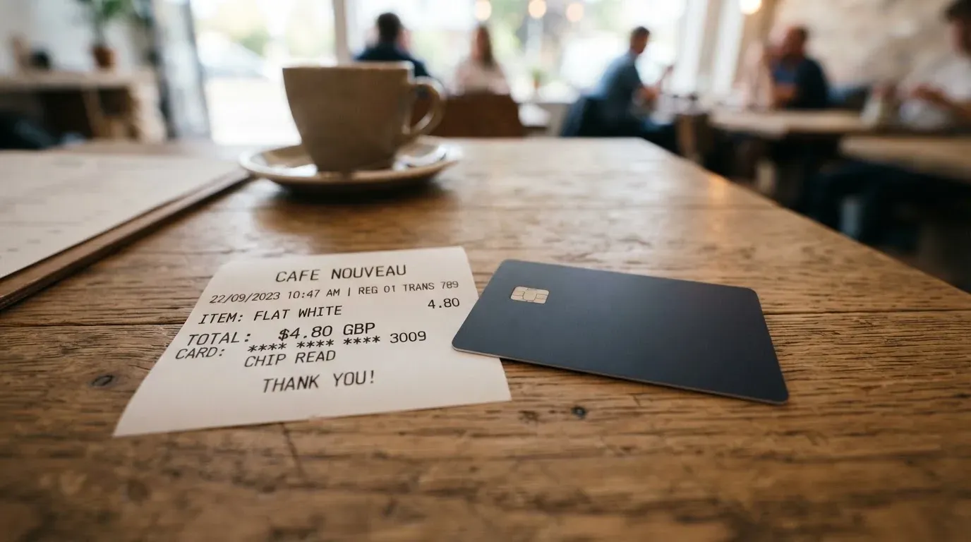 A receipt and a card on a café table