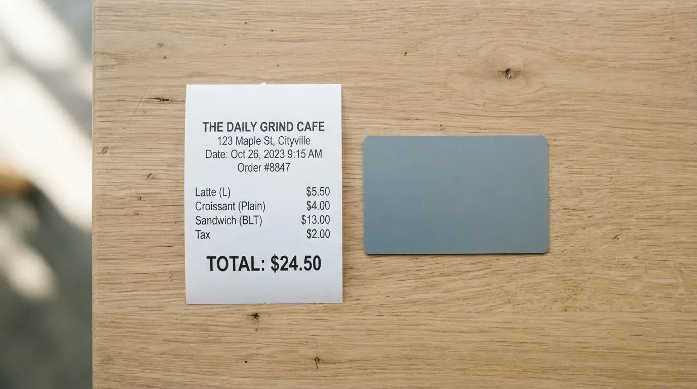 A receipt and a card on a café table