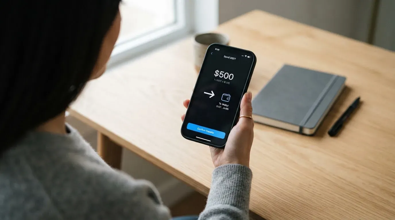 A phone showing a stablecoin transfer screen