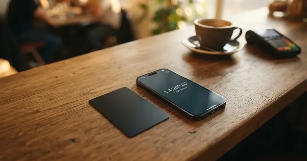 A payment card next to a phone with a crypto wallet app open