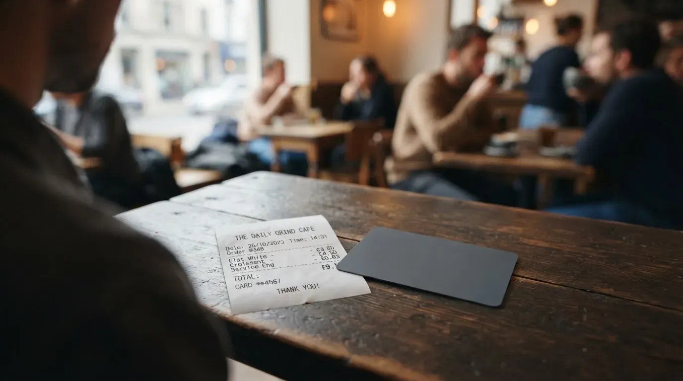 A receipt and a card on a café table