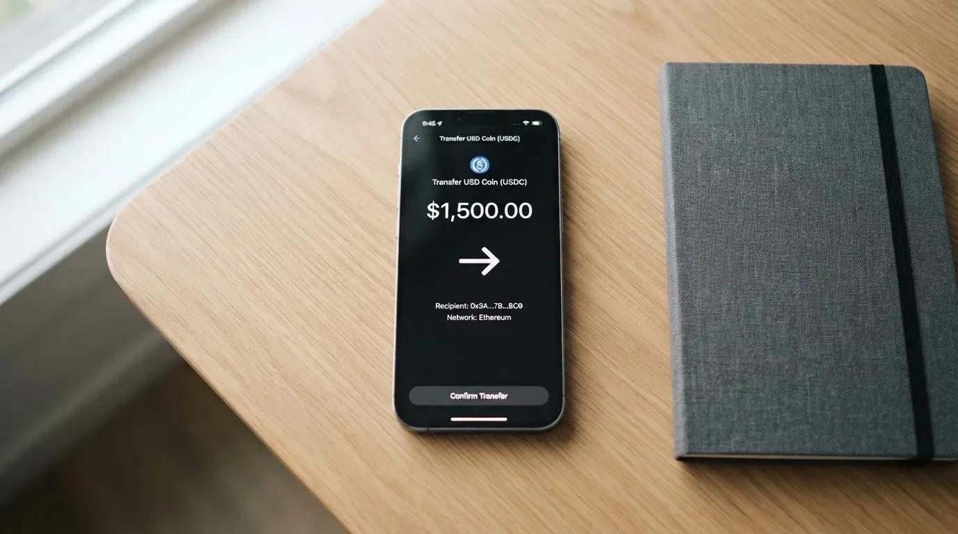 A phone showing a stablecoin transfer screen